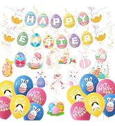 Easter Party Decorations, Happy Easter Banner, Easter Garland Hanging Swirl and Balloons for Home...