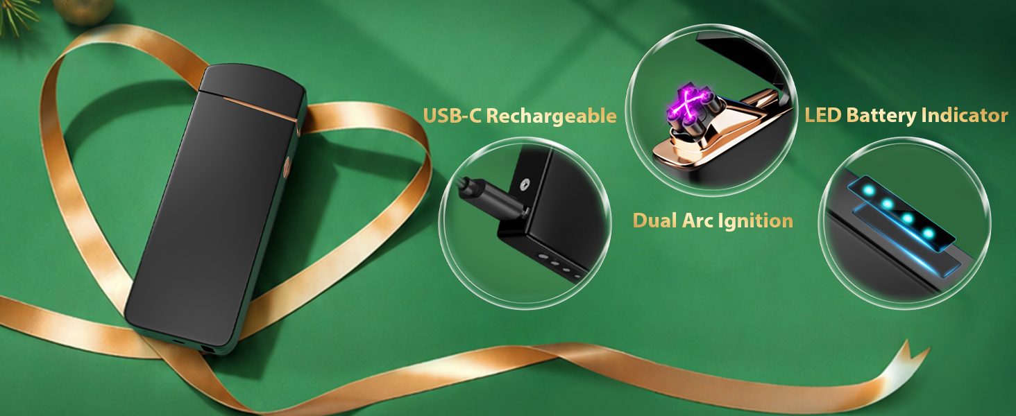 Green background display showing battery charger components with labeled callouts: USB Rechargeable, LED Battery Indicator, and Dual Bay Ignition features, with charging cable and accessories.