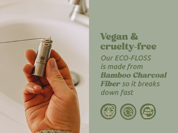vegan bamboo charcoal dental floss refillable steel container candelilla wax oral care