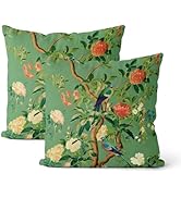 DAFENA Green Chinoiserie Pillow Covers 18x18 Inch 2 Pcs Vintage Floral Birds Decor Throw Pillows ...