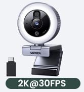 UGREEN 2K Webcam with 4-Level Ring Light | Microphone, Privacy Cover, Compatible with Switch 2, S...