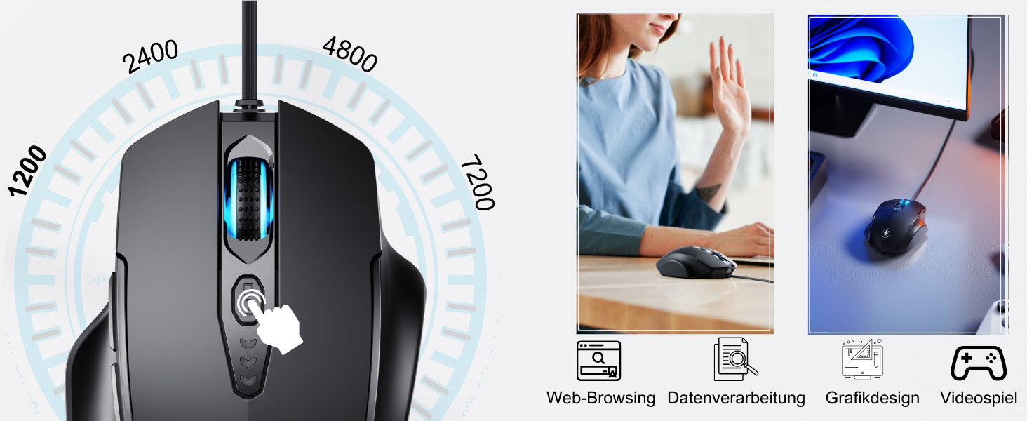 Gaming mouse with DPI settings display. Four usage scenarios shown: video-streaming, customer-marketing, code-design, and video-play.