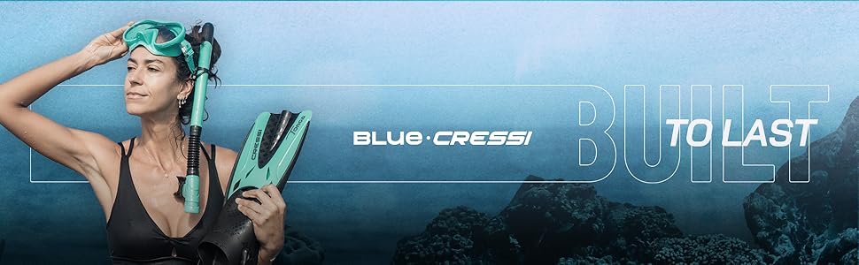 A female diver with Blue Cressi gear, featuring the slogan "Built to Last".