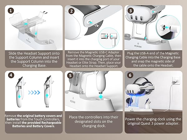 Charging dock assembly steps diagram.