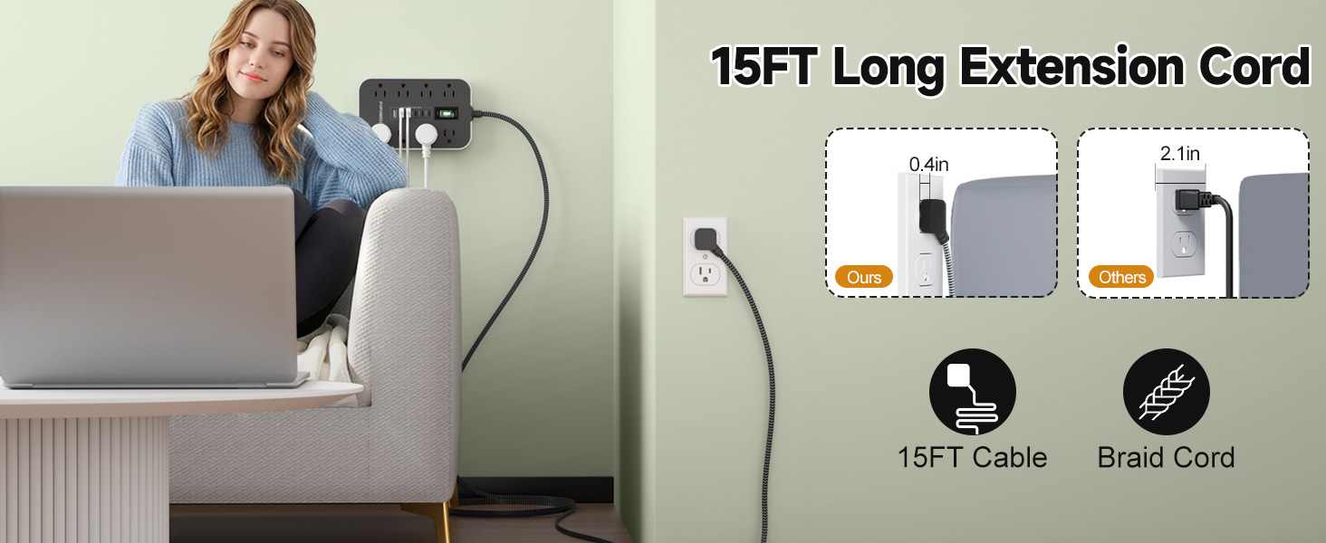 15 FT extension cord Surge Protector Power Strip with usb charging station