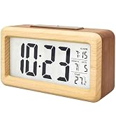 Everwood Battery Operated Wooden LCD Digital Alarm Clock with Smart Sensor Night Light, Snooze fo...