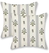 DAFENA Blue Green Pillow Covers 18x18 Inch 2 Pcs Block Print Striped Vintage Floral Decor Throw P...