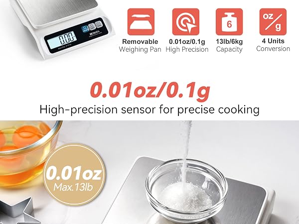 BOMATA 0.1g Food Scale, 13lb Digital Kitchen Scale with Removable Stainless Steel Pan