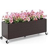 Giantex Wicker Raised Garden Bed with Wheels, 38”x12”x14”, Rectangular Garden Planter Box w/PE Ra...
