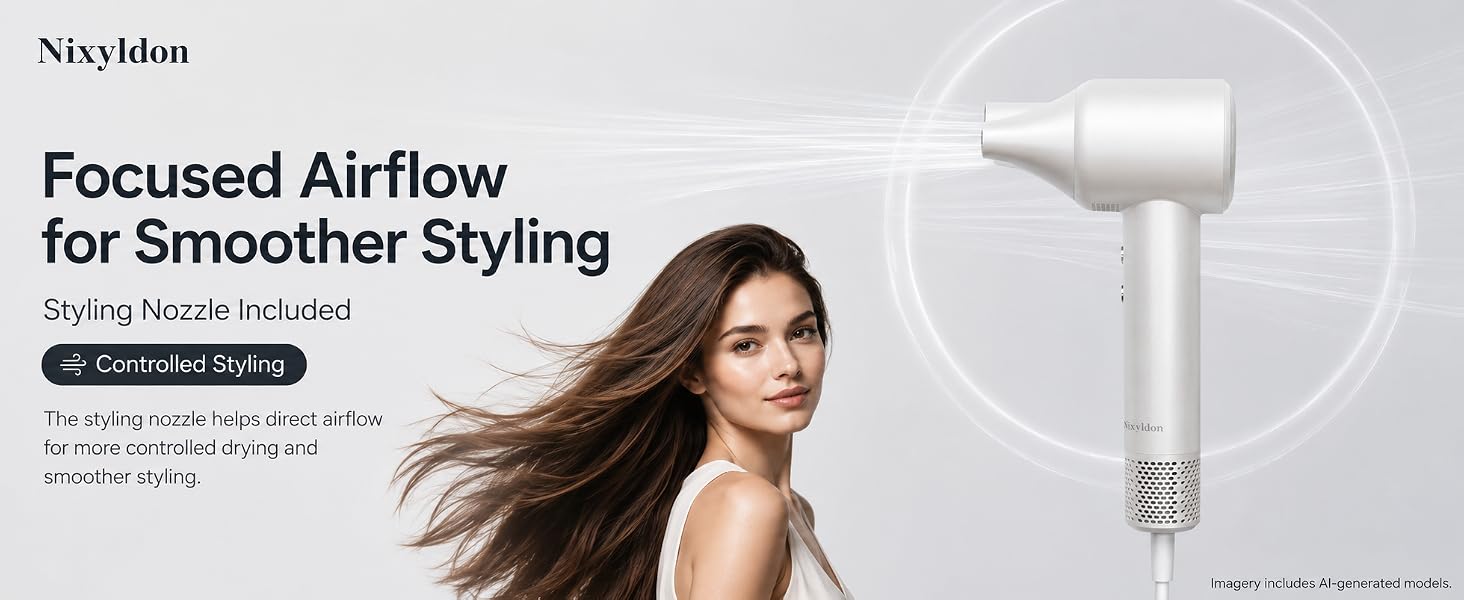 Nixyldon hair dryer with styling nozzle for focused airflow and smoother styling