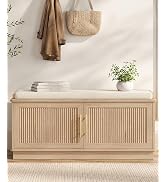 Akxomel Fluted Shoe Storage Bench with Cushion, 39.4" Entryway Bench with Adjustable Shelves and ...