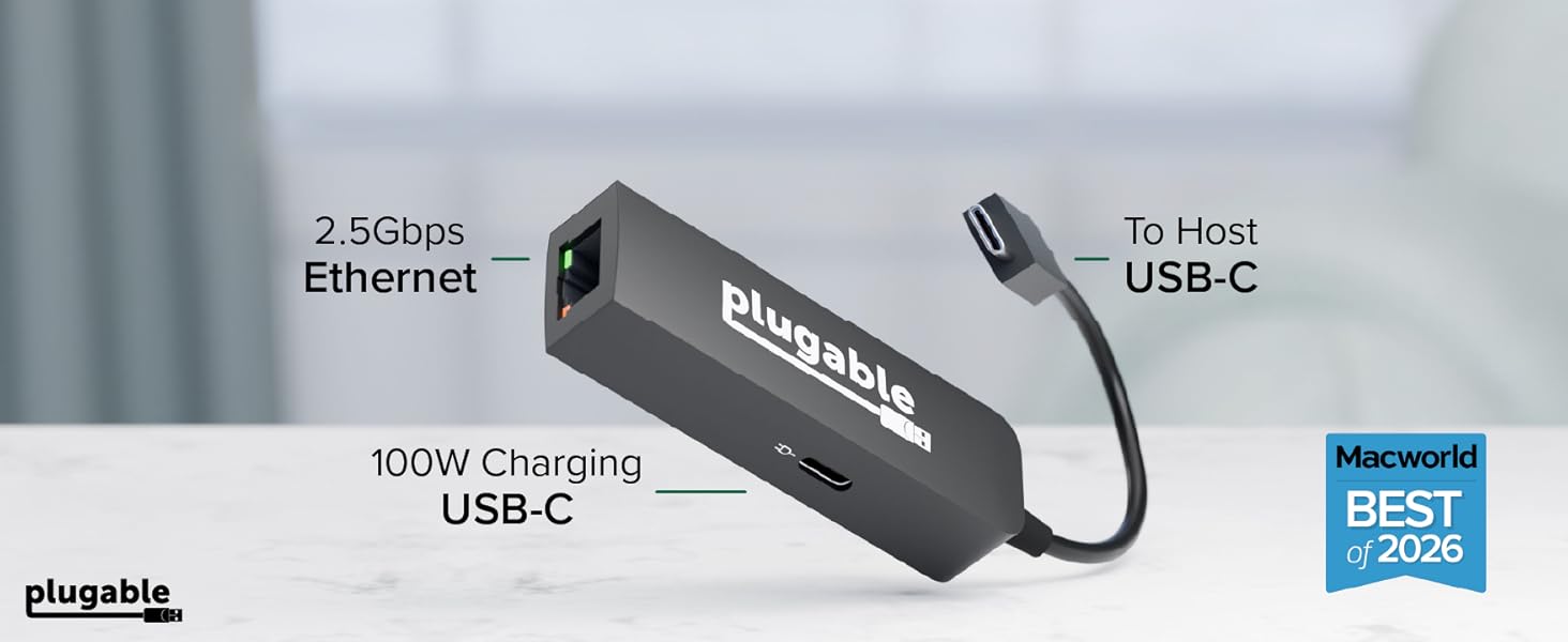 Plugable USB C 2.5Gbps ethernet adapter port, 100W pass through USB C charging port, USB-C to host