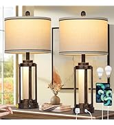 26" Farmhouse Table Lamps Set of 2, Vintage Rustic Industrial Beside Lamps with USB A+C Charging ...