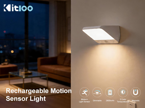 Text reads 'Klitoo' and 'Rechargeable Motion Sensor Light'. White square motion-activated light with sensor icons below, shown illuminating interior space. Icons indicate motion detection, adjustable brightness, timer, and USB charging features.