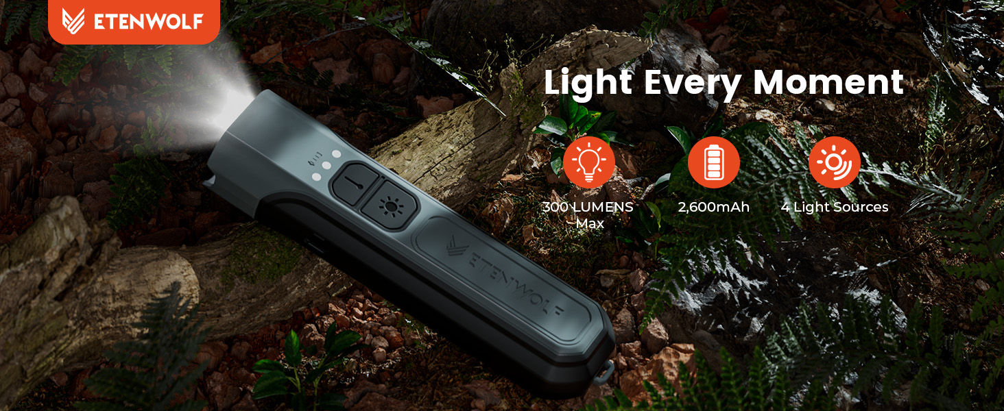ETENWOLF L2 LED Handeld Flashlight with 2600mAh Battery and 4 Light Sources