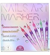 12 Colors Nail Art Pens Set, 0.5MM Fine Tip Water-Based Nail Painting Pens, Waterproof Quick-Dryi...