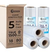 Rosmonde 18" Plastic Wrap for Moving, 5 Pack, 18" x 1500 ft Shrink Wrap, 80 Guage Thick, 9.4 lbs/...