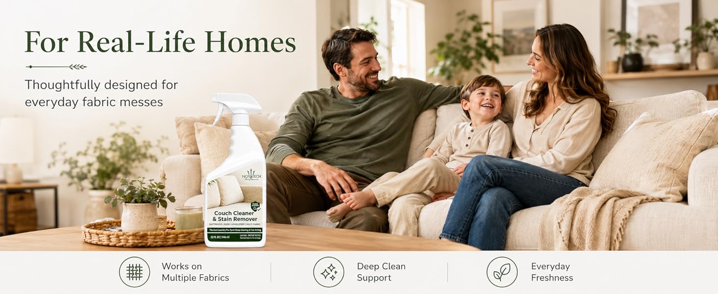 Family relaxing on a clean couch with NOYATECH Couch Cleaner & Stain Remover bottle on the table