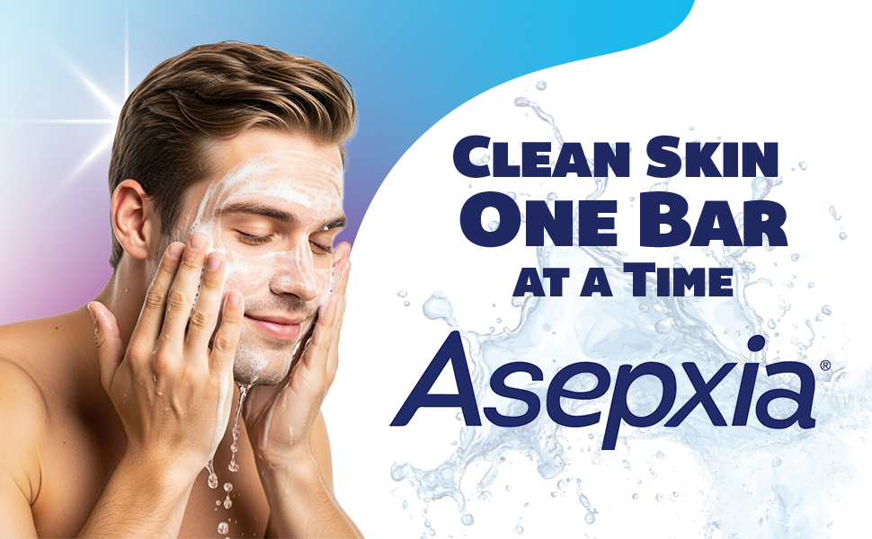 Asepxia bar soap with salicylic acid cleanser for skin care, man washing face with foam