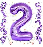 40 Inch 2nd 20th Birthday Number Balloon, Purple Foil Giant Number 2 Balloons, Self Inflating Num...