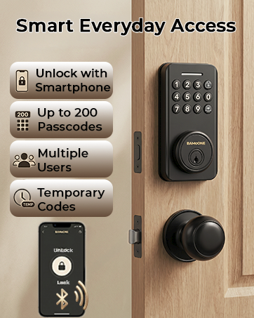 Smart door lock with keypad on door, showing smartphone access features