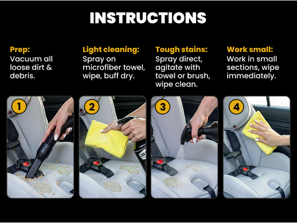 4-step instructions: vacuum, spray and wipe, agitate tough stains, work in small sections