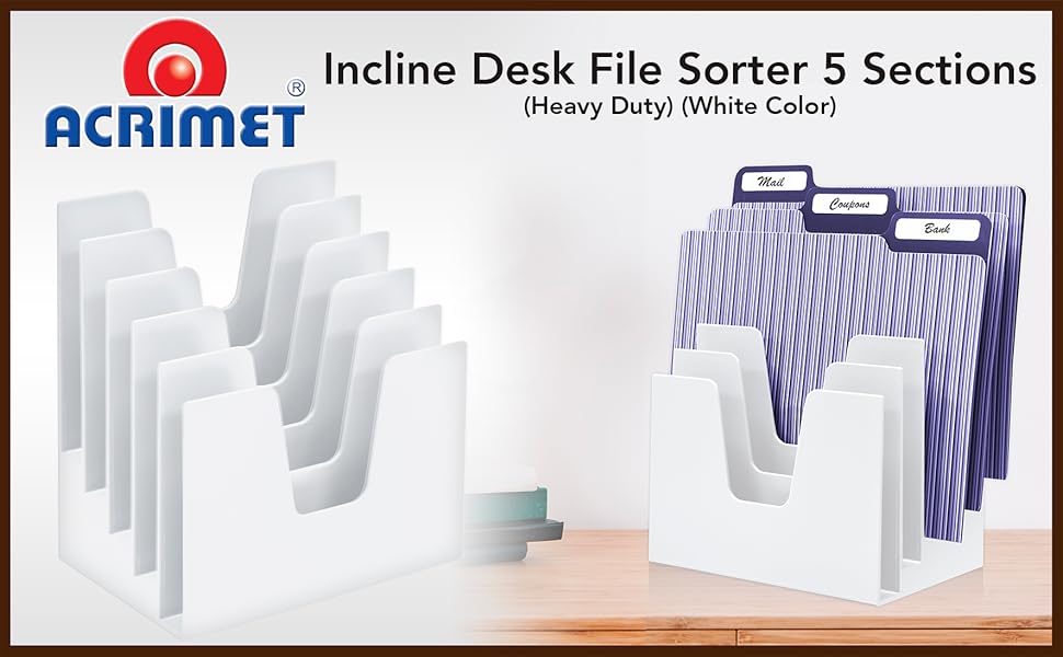 Incline Desk File Sorter Step 5 Sections Heavy Duty White Color Accessories Workspace Organizer
