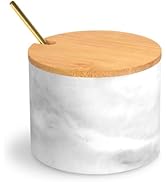 HESHIBI Marble Salt Cellar Box with Bamboo Lid & Metal Spoon, Modern Stone Salt or Pepper Sugar S...