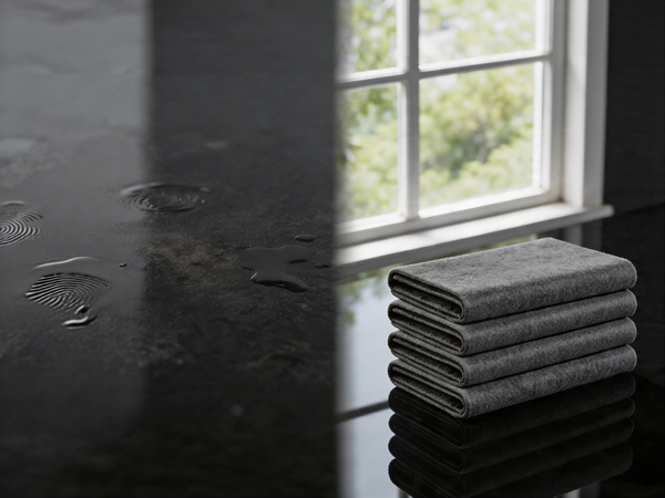 Split screen comparison of dirty and clean glass surface wiped with grey microfiber cloth.