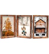 TOFOREVO 4x6 Triple Picture Frame Rustic Brown Wooden Hinged Beveled Photo Frame Definition Glass...
