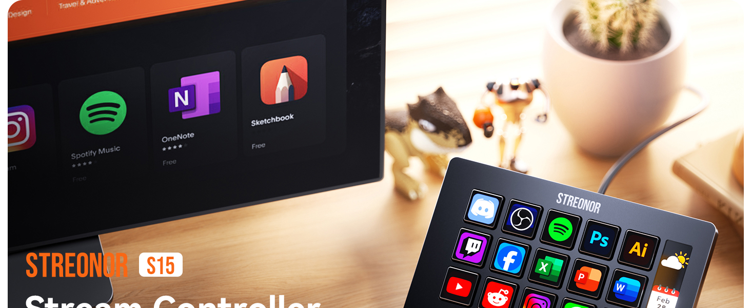 Text reads 'STREAM' and 'Streaming Controller' partially visible. Elgato Stream Deck with illuminated customizable buttons displayed on desk alongside streaming software icons and accessories in content creator workspace.