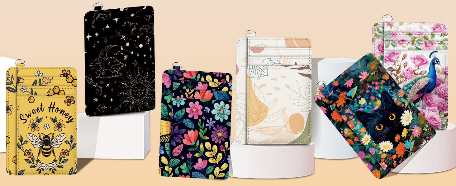 Assortment of decorative book covers or journal covers featuring various designs including floral patterns, bees, constellations, and a peacock. Covers shown in yellow, black, and multicolored options.