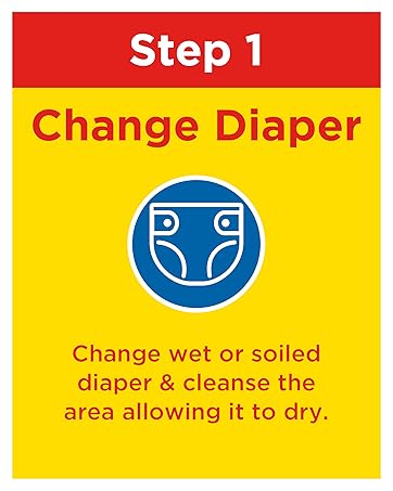 Step 1: Change diaper. Change wet or soiled diaper and cleanse the area allowing it to dry