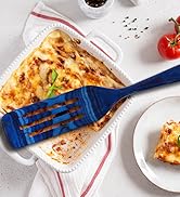 colorful wooden spurtle spatula serving lasagna