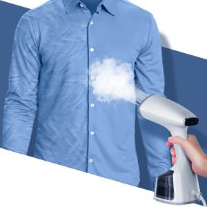 Handheld garment steamer being used on a light blue button-up shirt, demonstrating steam application for wrinkle removal.