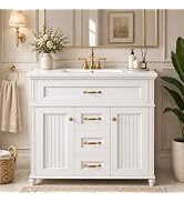USHOWER 36" Bathroom Vanity with Ceramic Sink, Modern Farmhouse Style, Fluted Bathroom Storage wi...