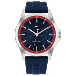 Tommy Hilfiger 43mm watch features a textured sunray dial, stick indexes, and iconic “T” sweep.