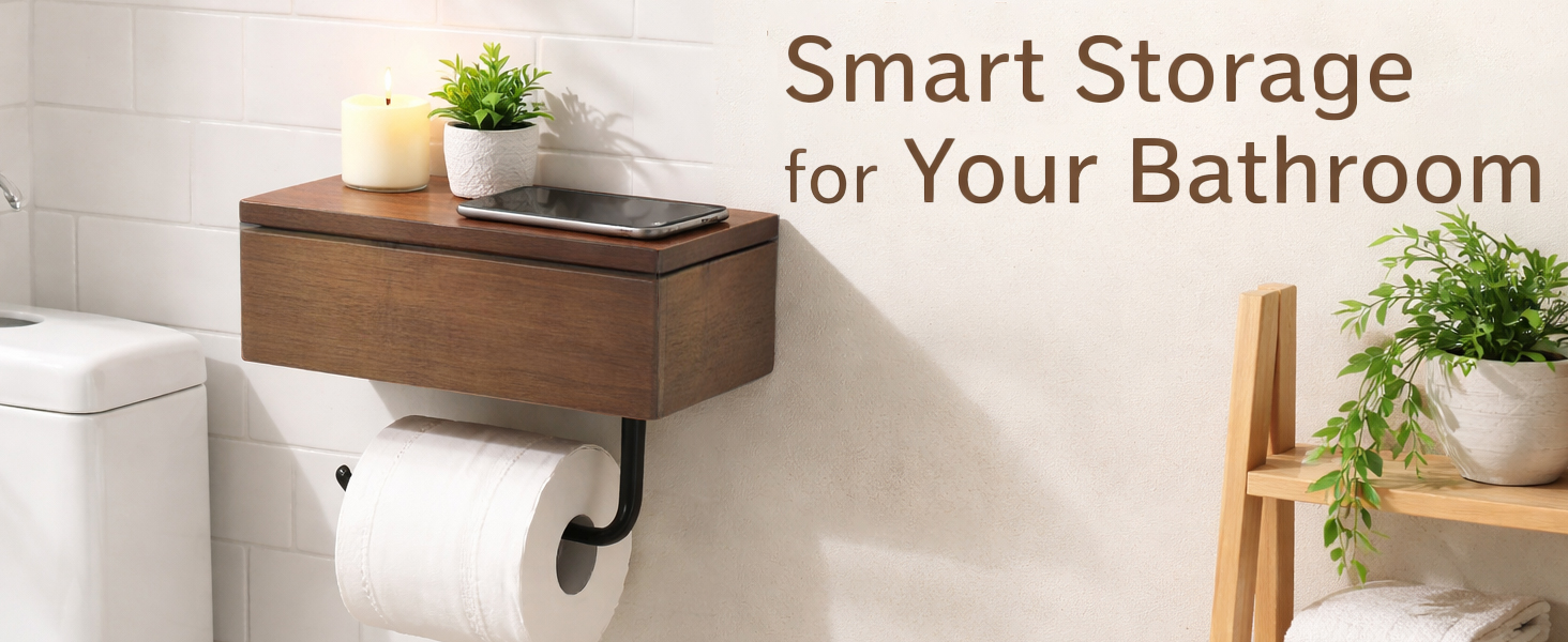 Toilet Paper Holder with Black Walnut Wood Shelf, Wall Mounted Adhesive, Bathroom Storage Organizer