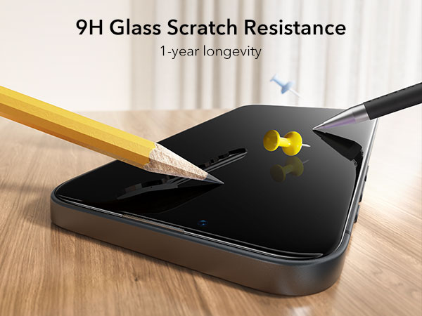 Smartphone screen protector with 9H glass scratch resistance. Image shows pencil and knife tip against black screen, demonstrating durability. Text indicates 1-year longevity.