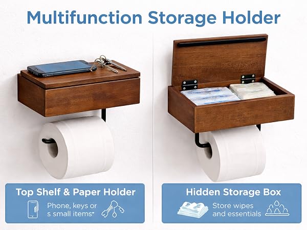 Toilet Paper Holder with Black Walnut Wood Shelf, Wall Mounted Adhesive, Bathroom Storage Organizer