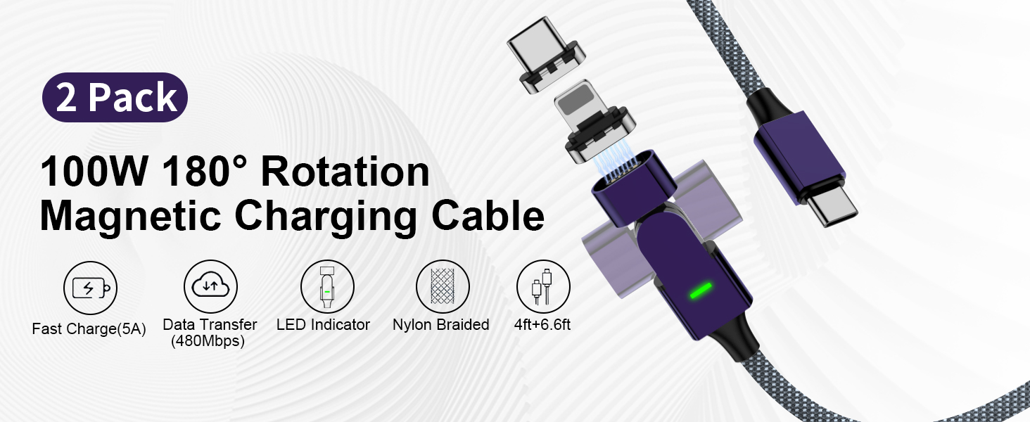 100W 180° Rotation Magnetic Charging Cable