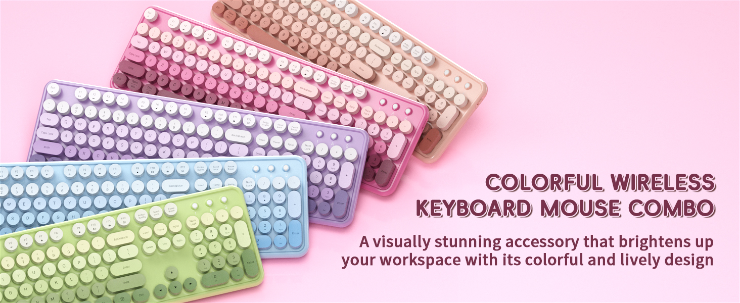 Wireless Keyboard Mouse Combo 2.4Ghz Cute Colorful 104 Keys Full Size Retro Typewriter