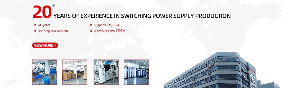 Corporate banner showing 20 years of power supply production experience, featuring factory images and an office building exterior.