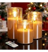 Eywamage Gold Ribbed Glass Flameless Pillar Candles with Remote, Flickering LED Wax Candles Batte...