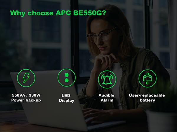 Features of Back-UPS including its wattage, physical features, audible alarms and battery status.