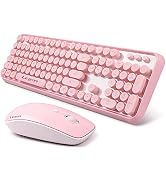 Pink Wireless Keyboard Mouse Combo,104 Round Keys Cute Colorful Keyboard Retro Typewriter Style,L...