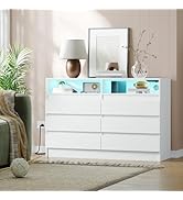 Garvee 6 Drawer Double Dresser with Power Outlet, Accent Chests of Drawers with LED Light, Modern...