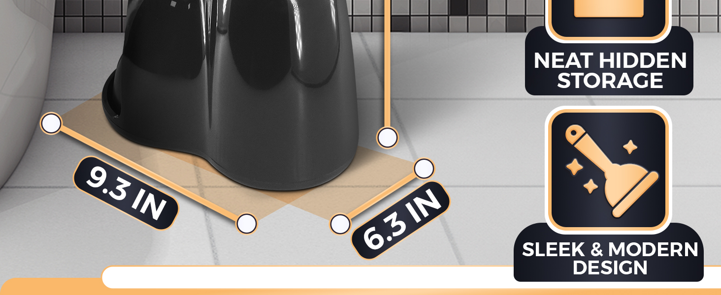 Black compact toilet brush and holder base sits on the bathroom floor shaped with two slim slots