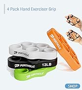 4 Pack Hand Exerciser Grip set by Portholic. Includes finger resistance bands in orange, green, black, and white. Demonstrated on hands. One grip labeled 13LB.