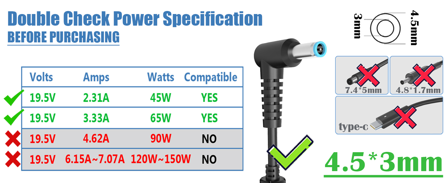 compatible with hp laptop charger 65w